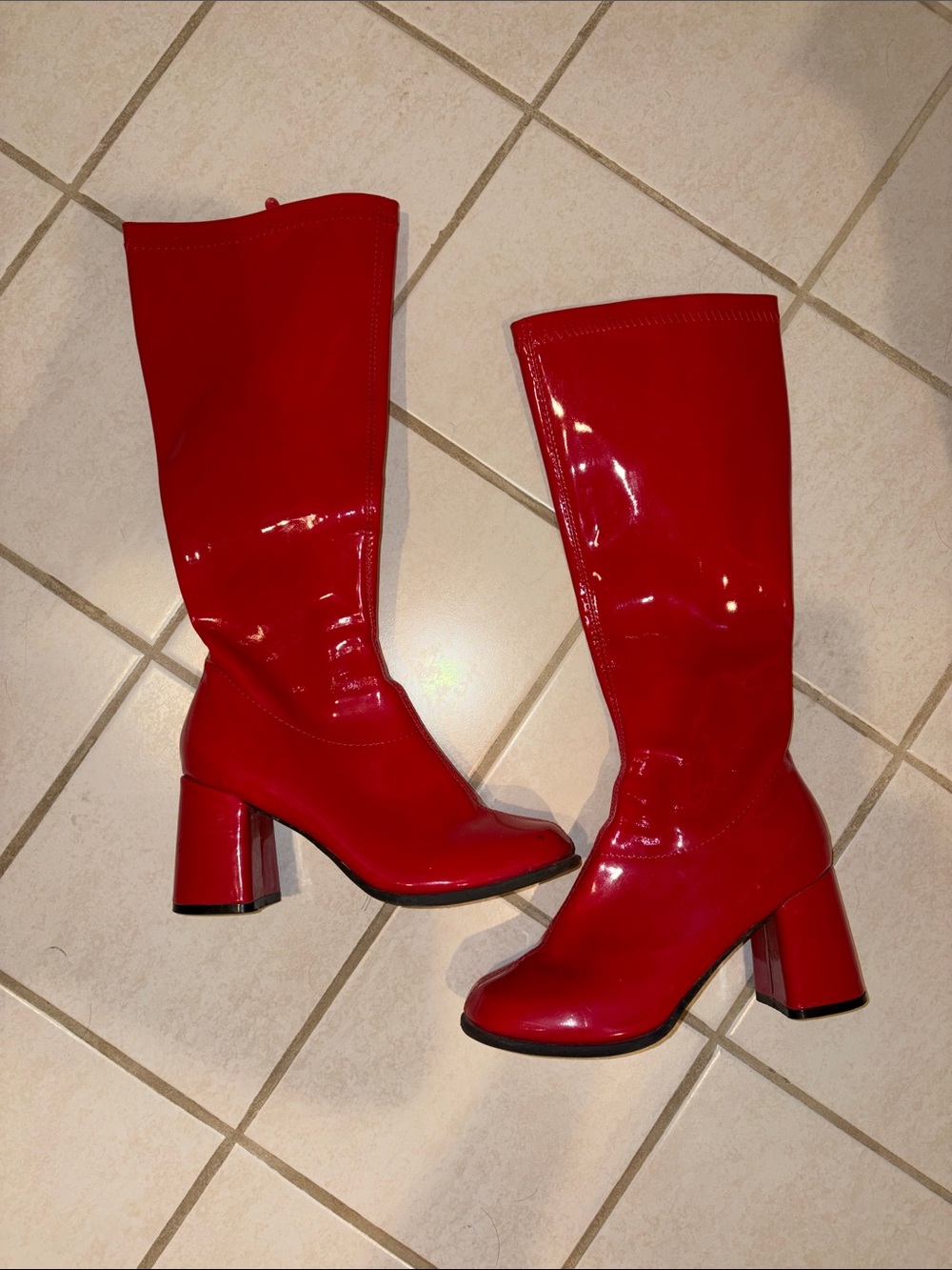 Ellie Red Patent Mid-Calf Block Heel Boots